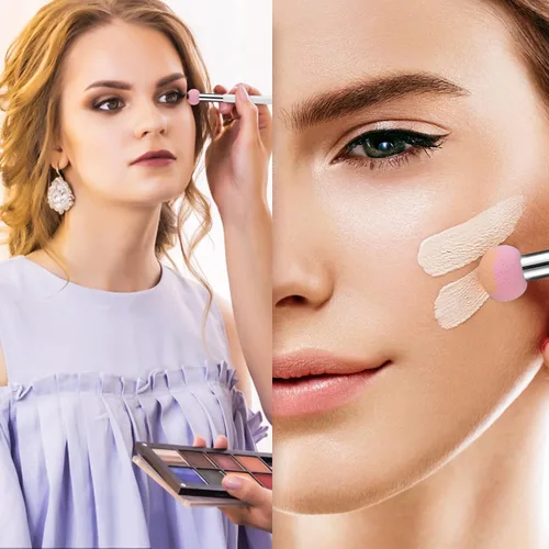 Miniatura 4 de Sibba Juego de 4 brochas de base de maquillaje con mango rosa y blanco para polvo, rubor, contorno y corrector, incluye esponja, pinceles de mezcla
