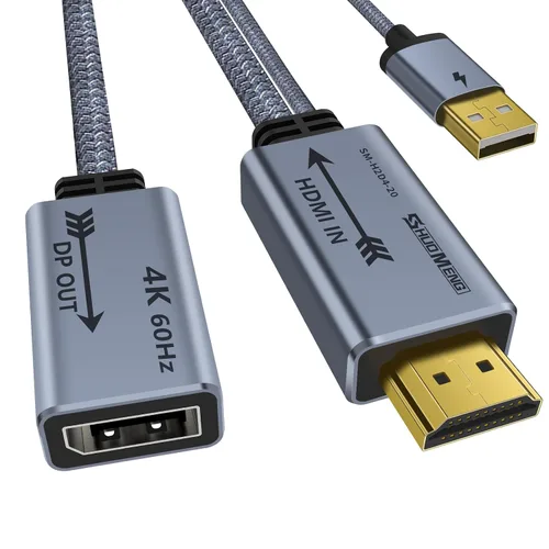 Adaptador HDMI a DisplayPort 4K a 60Hz, convertidor HDMI 2.0 a DP 1.2, alimentado por USB, cable de 0.65 pies, unidireccional, compatible con PS5,