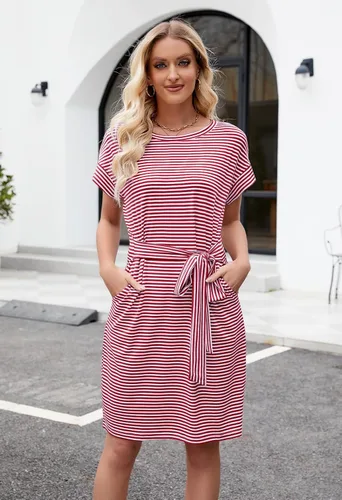 Miniatura 3 de MEROKEETY - Vestido de verano con manga corta, a rayas, casual, estilo camiseta, con lazo en la cintura y bolsillos, para mujer