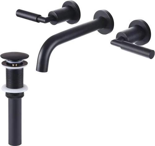 RBROHANT RB0735D - Grifo de montaje en pared negro con drenaje desplegable para fregadero sin desbordamiento, grifo de fregadero de baño de doble