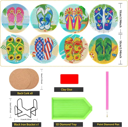 Miniatura 2 de JeCuiK 8 posavasos de pintura de diamante para manualidades, posavasos de diamantes con soporte, divertidos kits de pintura de diamantes