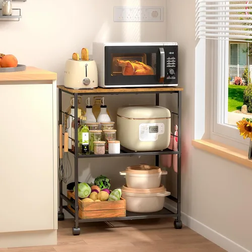 ThreeHio Carrito de microondas de cocina rodante, soporte de mesa de microondas de 3 niveles con almacenamiento, carrito de cocina con ruedas