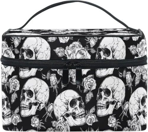 Miniatura 32 de Bolsa de Maquillaje, Estuche de Maquillaje Organizador de Viaje con Diseño de Calavera y Flores, Estuche de Cosméticos, Bolsas de Aseo para Niñas