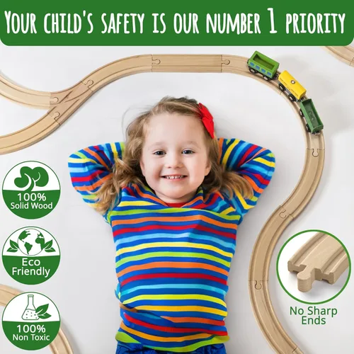Miniatura 7 de KipiPol Juego de vías de tren de madera - 52 piezas+mapa de ferrocarril adicional - Compatible con todas las principales marcas de juguetes