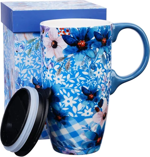 Taza de viaje de cerámica Topadorn con asa y tapa deslizante resistente a salpicaduras, adecuada para café y té, apta para microondas y Azul