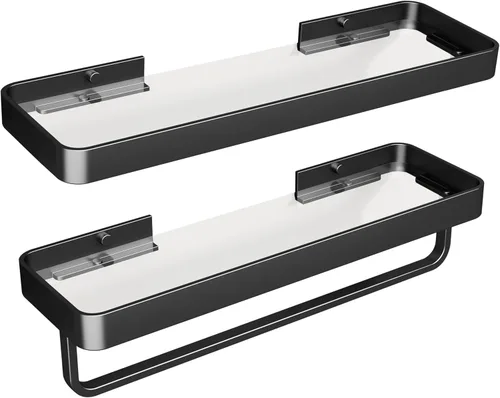 Miniatura 26 de Danpoo Estante de Pared Pequeña de 8 Pulgadas, Vidrio Templado Transparente con Marco de Aluminio Negro Mate – Elegante Organizador Flotante