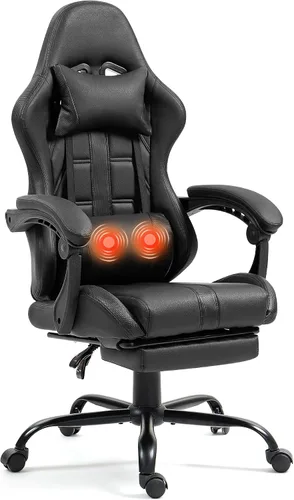 Silla de masaje para juegos con reposapiés, silla ergonómica de PC con respaldo alto con reposacabezas y lumbar, silla giratoria de PU para Negro