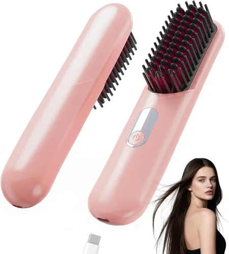 Cepillo alisador de pelo inalámbrico, peine caliente portátil para viajes, mini alisador de pelo para mujeres, 4 ajustes de temperatura, ideal para