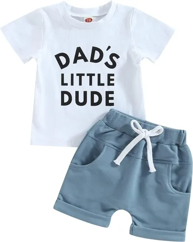 Miniatura 57 de Conjunto de traje de verano para bebé niño pequeño, manga corta, cuello redondo, letras impresas, lindo traje de verano, conjunto de 2 piezas