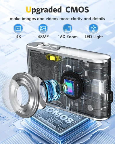 Miniatura 3 de Cámara digital FHD 4K para vlogging con enfoque automático, lente dual de 48MP, zoom digital 16X, pantalla IPS de 2.8" compacta, cámara de video