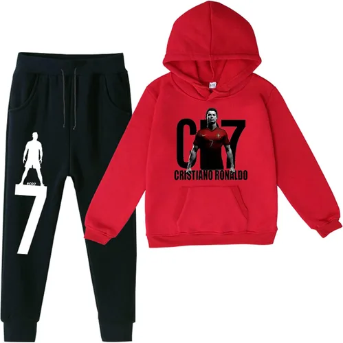 Hoertu Boys Girls Cristiano Ronaldo Pullover Hoodies CR7 Long Sleeve Hooded Tops and Jogger Pants Casual Sweatshirt for Teen