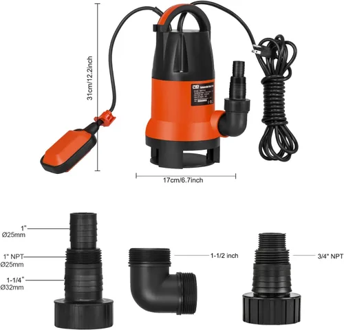Miniatura 7 de Bomba de sumidero, Prostormer 1HP 3700GPH Bomba sumergible para agua limpia/sucia con interruptor automático de flotación para alberca, estanque