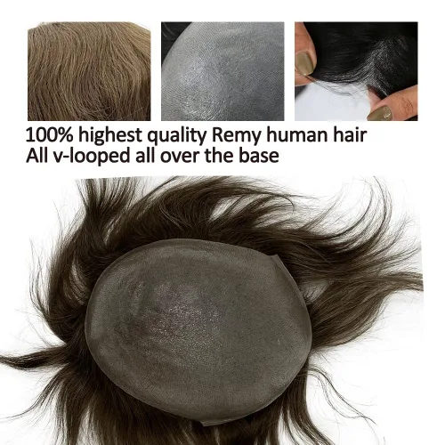 Miniatura 2 de Peluca de piel ultrafina de 0.003 in para hombres, 100% cabello humano virgen europeo, pelucas de repuesto de cabello humano real, 8x10 pulgadas