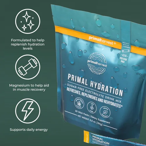 Miniatura 10 de Primal Harvest Paquetes de electrolitos en polvo Primal Hydration, paquetes fáciles de abrir, mezcla de bebida energética