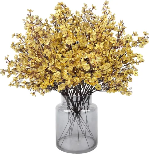 Miniatura 24 de 8 piezas flores artificiales de aliento de bebé, flores de seda amarillas de tacto real, flores falsas para jarrón, hogar, oficina, boda, Navidad