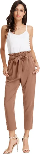 Miniatura 4 de KANCY KOLE - Pantalones paper bag de cintura alta y con bolsillos para mujer, con lazo, estilo casual, pantalones hasta el tobillo de la talla S a
