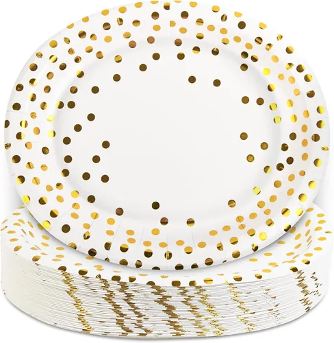 Miniatura 8 de AimFun 50 platos de papel ovalados grandes desechables dorados de lunares dorados de 10 x 12 pulgadas, bandeja decorativa para servir postres