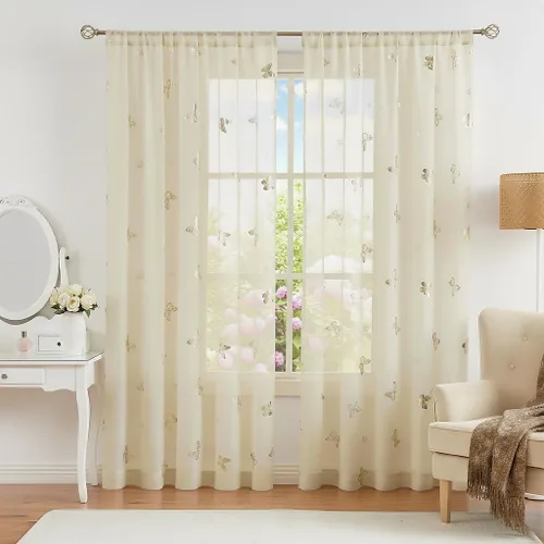 Miniatura 8 de Jubilantex Paneles de cortinas transparentes de mariposas negras y doradas de 52 pulgadas de ancho para dormitorio de niñas, elegantes cortinas
