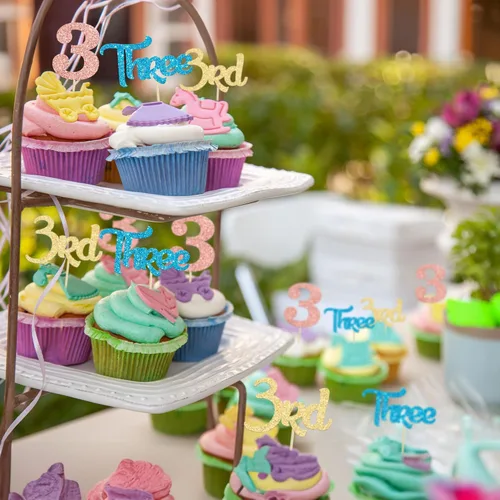 Miniatura 4 de 24 piezas de adornos para cupcakes de tercer cumpleaños, adornos para cupcakes de tercer cumpleaños con purpurina, tres adornos para cupcakes