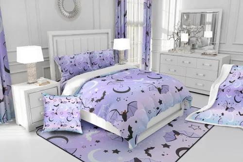 Miniatura 6 de Manfei Juego de sábanas de Feliz Halloween, tamaño individual, juego de ropa de cama de murciélagos morados y estrellas para decoración