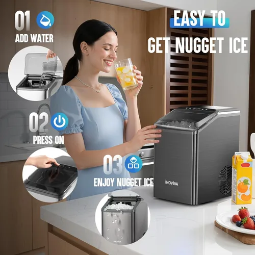 Miniatura 5 de inoviva Nugget Ice Maker - Máquina de hielo de pellets masticables suaves de 40 libras/24 horas con autolimpieza, máquina de hielo sónico