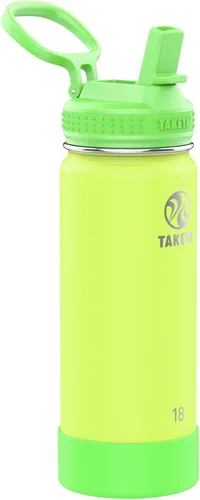 Takeya Actives Kids - Botella de agua que brilla en la oscuridad con tapa con popote, botella de acero inoxidable con tapa sin BPA, reutilizable y