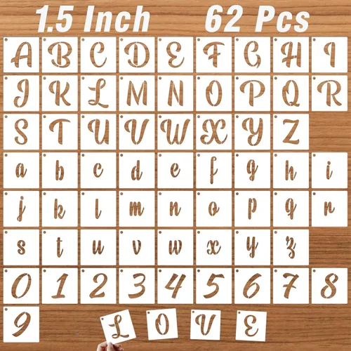 Miniatura 11 de Plantillas de letras de 1 pulgada para pintar sobre madera, 62 plantillas de caligrafía del alfabeto y números, plantillas de letras cursivas