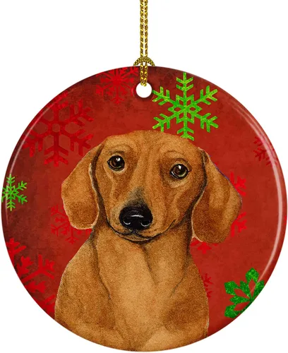 Caroline's Treasures Dachshund copos de nieve rojos y verdes, adorno de cerámica de Navidad para colgar en el árbol de Navidad, decoración para el