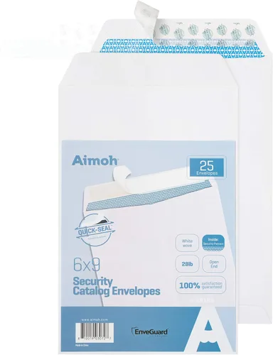 Aimoh 25 sobres de catálogo blancos de seguridad autosellantes de 6 x 9 pulgadas, 28 libras, 25 unidades, tintados de seguridad, sellado rápido