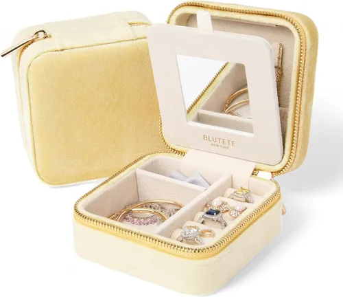 Miniatura 45 de BLUTETE Joyero de viaje organizador de terciopelo con anillos de espejo, aretes, collares, caja organizadora de almacenamiento (negro)