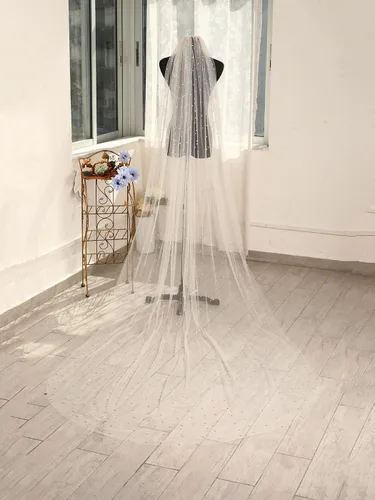 Miniatura 2 de Velos de novia con perlas y flores, catedral, velo de novia, 118 pulgadas, velos para novias, 1 nivel, longitud de los dedos, peine para el cabello