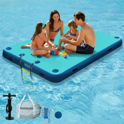 Miniatura 18 de AWEMUFA Muelle flotante inflable con rampa de 5 pies/6 pies/8 pies/10 pies, plataforma flotante flotante, tapete flotante de isla flotante, flotador