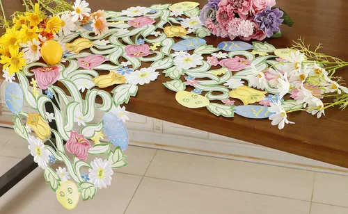 Miniatura 3 de Camino de mesa de Pascua, primavera, conejos, huevos, camino de mesa floral, bordado floral y conejos, huevos, bufanda, decoración de mesa