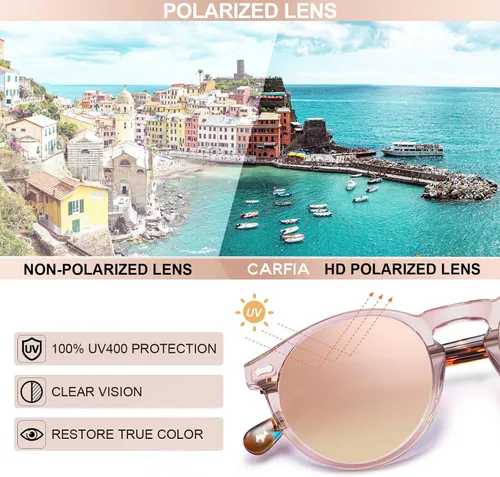 Miniatura 53 de CARFIA Gafas de sol polarizadas de acetato redondo para mujer, protección UV de cara pequeña con funda de cuero CA5288