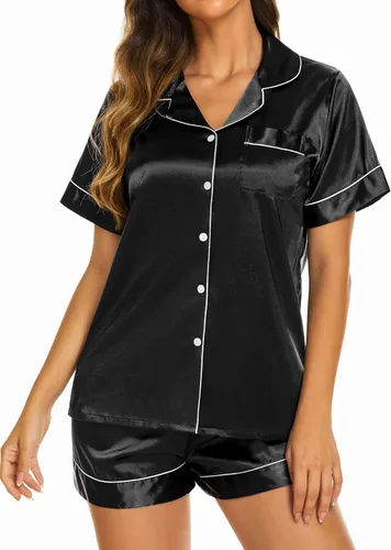 Miniatura 3 de Ekouaer Pijamas de seda para mujer, ropa de dormir de manga corta, suave, con botones, ropa de descanso, 2 piezas, pijama de satén, conjunto