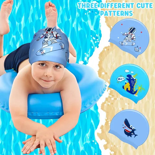 Miniatura 6 de Sintuff 3 Pcs Kids Swim Caps Toddlers Swimming Caps Silicone Swim Cap for Boys Girls (Age 4-12) Baby Waterproof Cartoon Bathing Hats for Long and