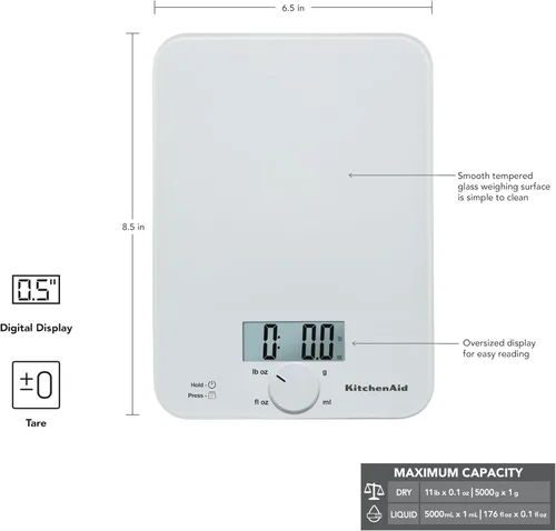 Miniatura 2 de KitchenAid KQ914WH Báscula digital para cocina y alimentos, superficie de vidrio, capacidad de 5 kg, para onzas y gramos de alimentos, ingredientes