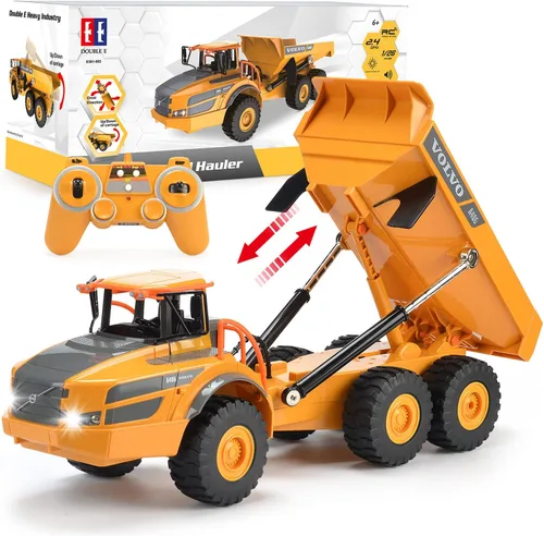 Miniatura 10 de Double E Volvo - Excavadora de control remoto a escala 1:16, juguete de construcción 3 en 1 de 17 canales con pala de metal, taladro, agarre