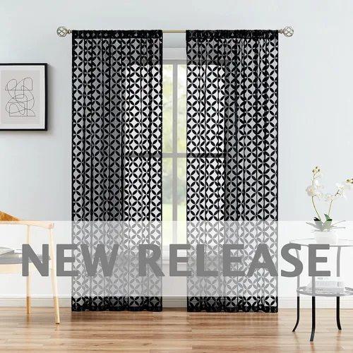 Miniatura 6 de Purainbow Paneles de Cortinas Transparentes de Encaje Floral para Ventana de 54 Pulgadas de Largo, Cortinas Transparentes de Gasa Geométrica