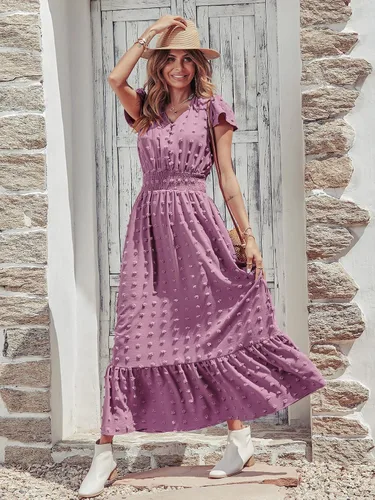 Miniatura 2 de PRETTYGARDEN - Vestido bohemio de manga corta con cuello en V y plumetí con volantes, vestido maxi fruncido de cóctel