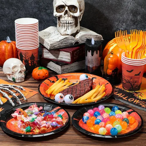 Miniatura 4 de Sliner 180 piezas de suministros para fiesta de Halloween, platos, servilletas, vasos, servir, 30 platos desechables de Halloween, platos de postre