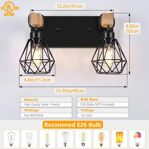 Miniatura 2 de FadimiKoo Aplique de pared de baño de madera de estilo rústico de 2 luces, accesorio de iluminación de tocador de granja para baño, lámpara de pared