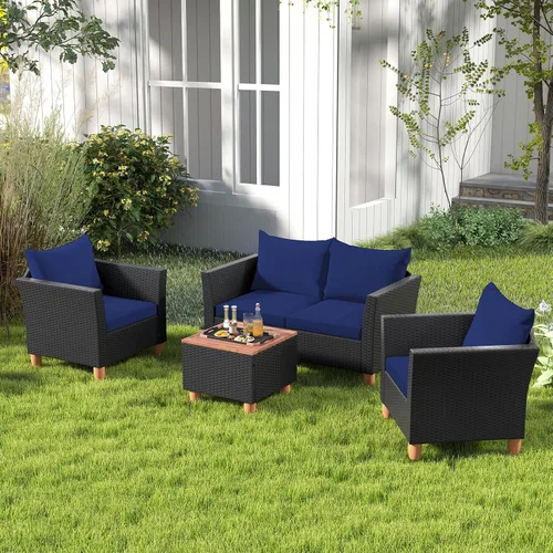 Miniatura 3 de HAPPYGRILL Juego de 4 piezas de mimbre para patio, silla de ratán de polietileno y otomana con cojines extraíbles, mesa de centro de almacenamiento