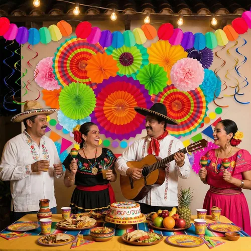 Miniatura 6 de Juego de 35 piezas de decoración para fiesta con abanicos de papel - Pom Poms del Cinco de Mayo, banderines, guirnaldas, pancartas, remolinos