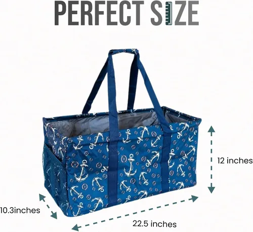 Miniatura 4 de Bolsa de utilidad extragrande Lucazzi - Cesta de lona rectangular plegable reutilizable con marco de alambre con dos bolsillos exteriores