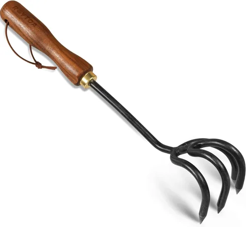 ROYTOA Rastrillo cultivador de mano, pequeño rastrillo ergonómico de jardín con mango de nogal y 4 dientes duraderos, herramientas de jardín para