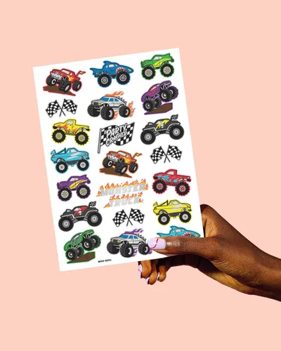 Miniatura 5 de xo, Fetti Monster Truck Party Supplies - Tatuajes temporales - 42 estilos metálicos Camiones, coches grandes, líneas de acabado + llamas