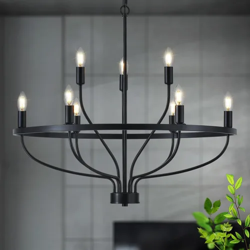 Candelabro industrial negro de 30 pulgadas, estilo vintage, 9 luces, estilo granja, candelabros negros, lámpara retro moderna negra para comedor,