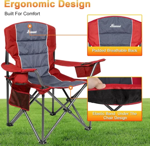 Miniatura 4 de Romswi Sillas de camping de gran tamaño, soporte resistente de 500 LBS, sillas deportivas acolchadas para la espalda y los brazos, portavasos