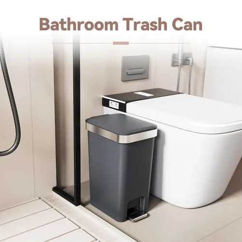 Miniatura 7 de Cubo de basura pequeño para baño con tapa de cierre suave, cubo de basura delgado de 10 litros/2.6 galones, escalón de metal y tapa superior